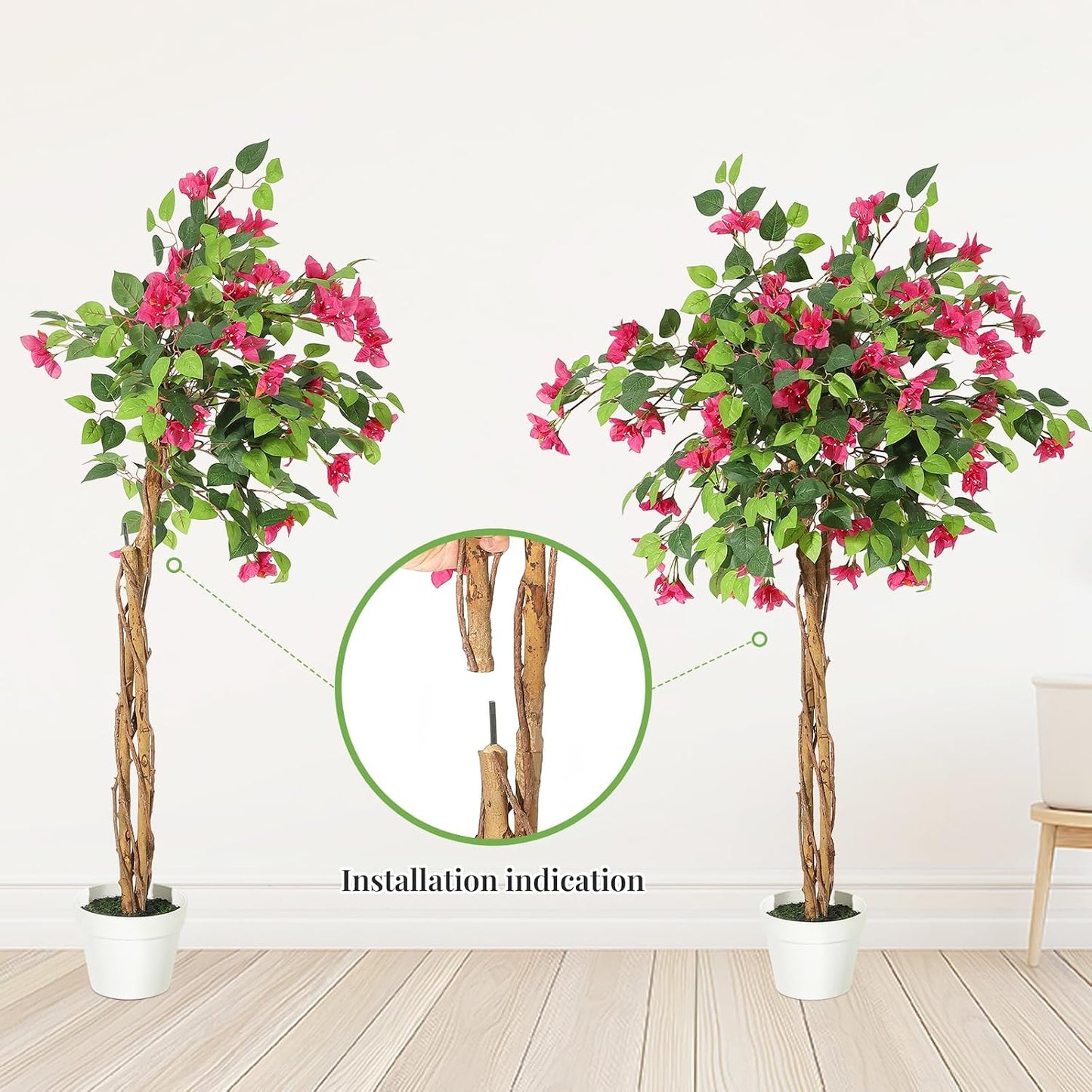 5 ft Artificial Bougainvillea Tree, Tall Potted Artificial Plants Indoor, Faux Tree with Wood Trunk and Pink Flowers for Outdoor