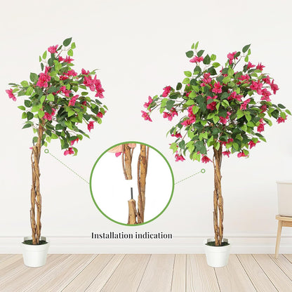 5 ft Artificial Bougainvillea Tree, Tall Potted Artificial Plants Indoor, Faux Tree with Wood Trunk and Pink Flowers for Outdoor