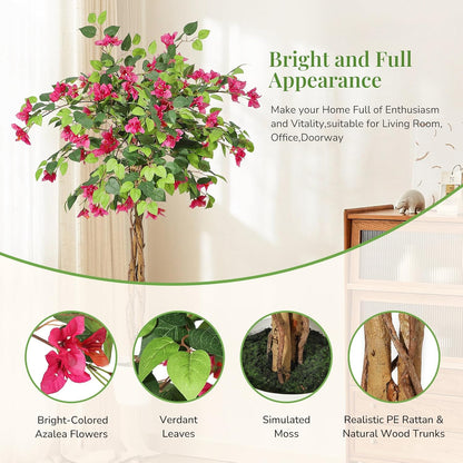 5 ft Artificial Bougainvillea Tree, Tall Potted Artificial Plants Indoor, Faux Tree with Wood Trunk and Pink Flowers for Outdoor
