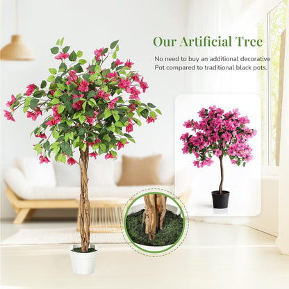 5 ft Artificial Bougainvillea Tree, Tall Potted Artificial Plants Indoor, Faux Tree with Wood Trunk and Pink Flowers for Outdoor