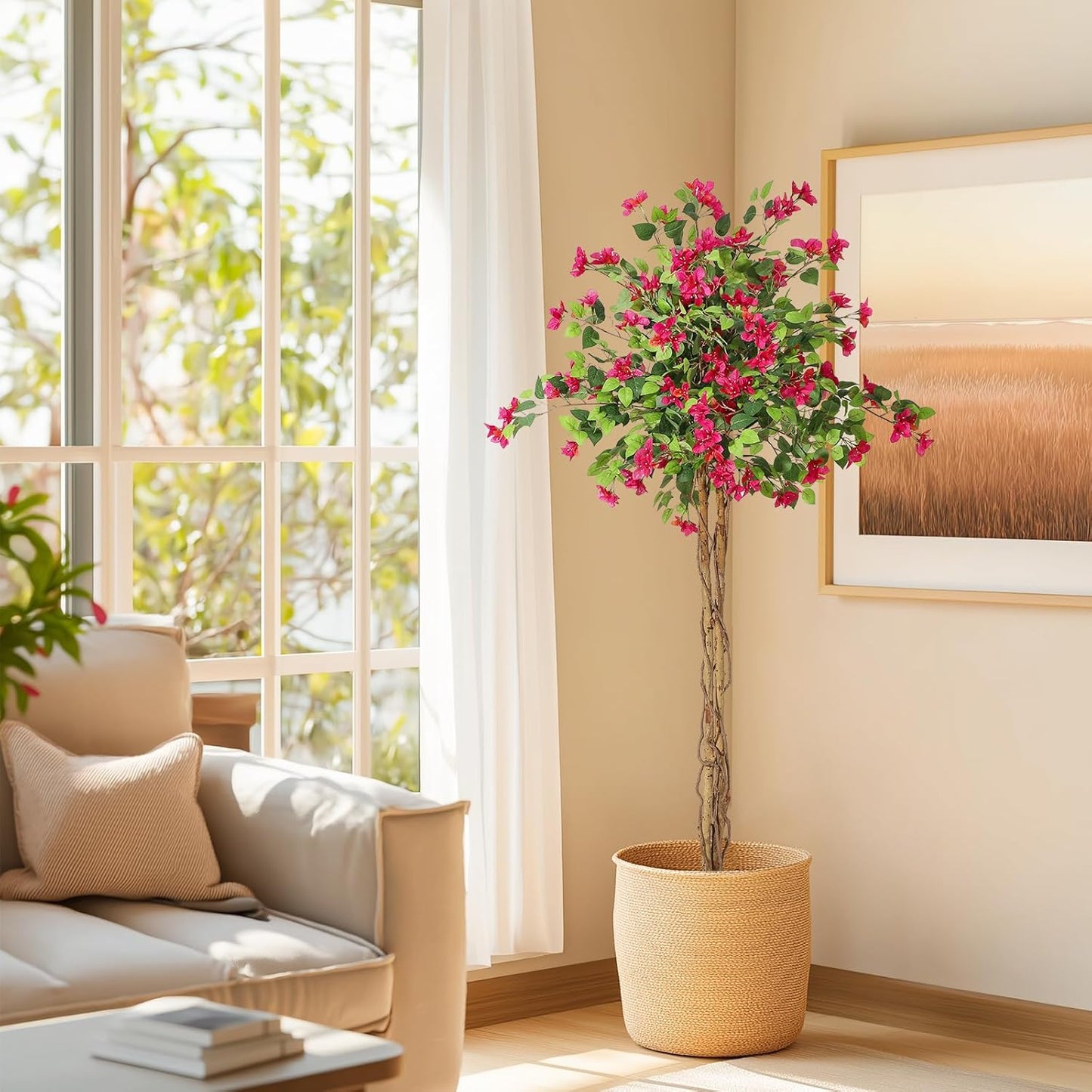 5 ft Artificial Bougainvillea Tree, Tall Potted Artificial Plants Indoor, Faux Tree with Wood Trunk and Pink Flowers for Outdoor