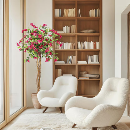 5 ft Artificial Bougainvillea Tree, Tall Potted Artificial Plants Indoor, Faux Tree with Wood Trunk and Pink Flowers for Outdoor