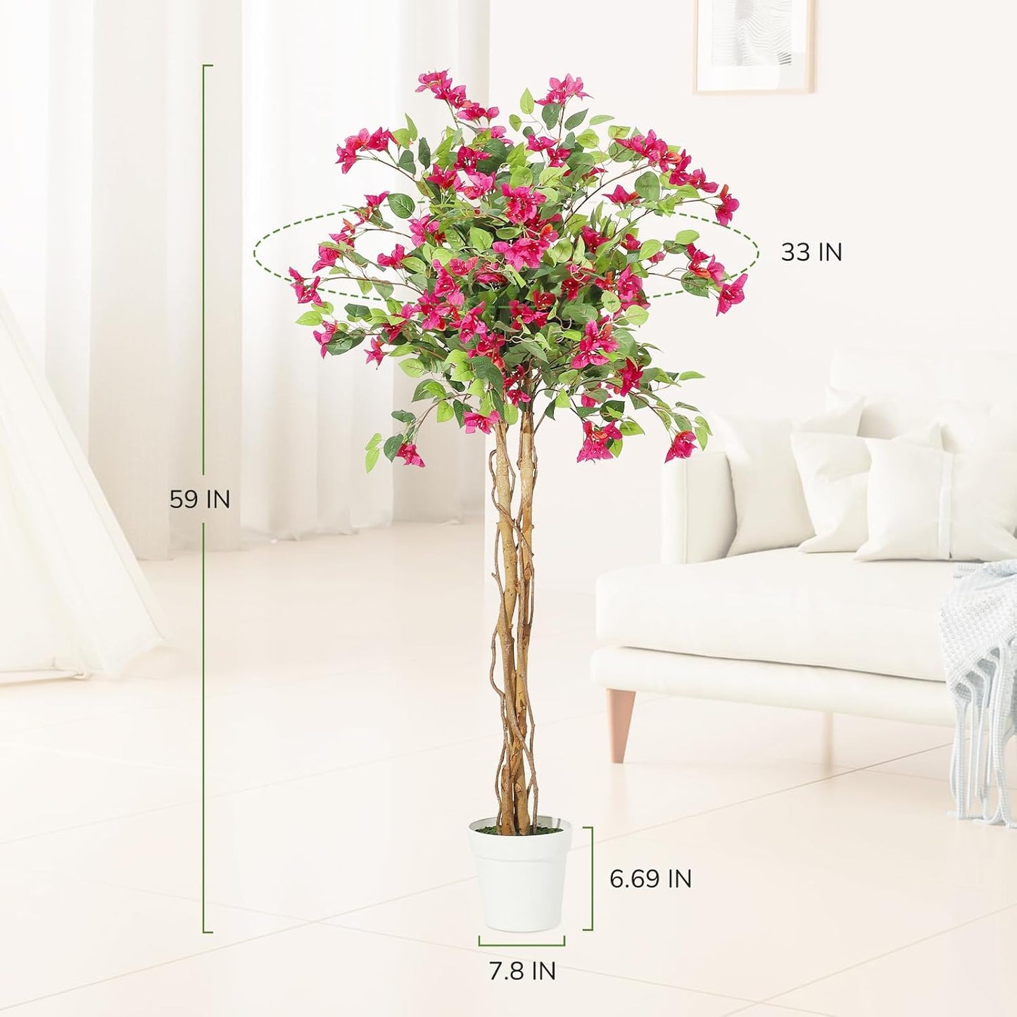 5 ft Artificial Bougainvillea Tree, Tall Potted Artificial Plants Indoor, Faux Tree with Wood Trunk and Pink Flowers for Outdoor