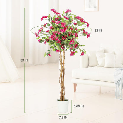 5 ft Artificial Bougainvillea Tree, Tall Potted Artificial Plants Indoor, Faux Tree with Wood Trunk and Pink Flowers for Outdoor