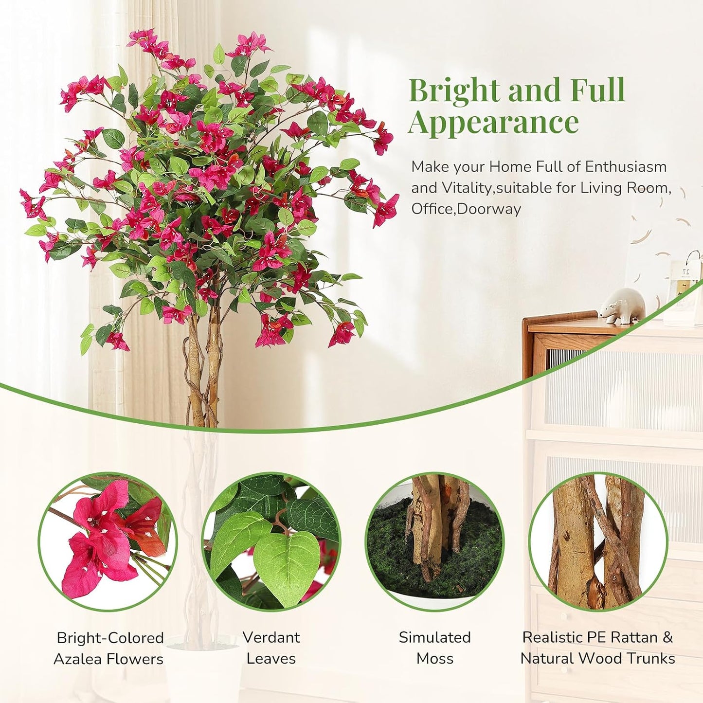 5 ft Artificial Bougainvillea Tree, Tall Potted Artificial Plants Indoor, Faux Tree with Wood Trunk and Pink Flowers for Outdoor