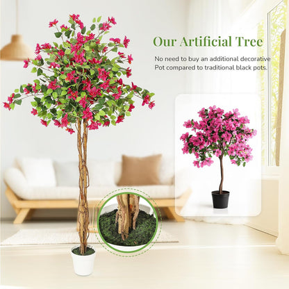 5 ft Artificial Bougainvillea Tree, Tall Potted Artificial Plants Indoor, Faux Tree with Wood Trunk and Pink Flowers for Outdoor