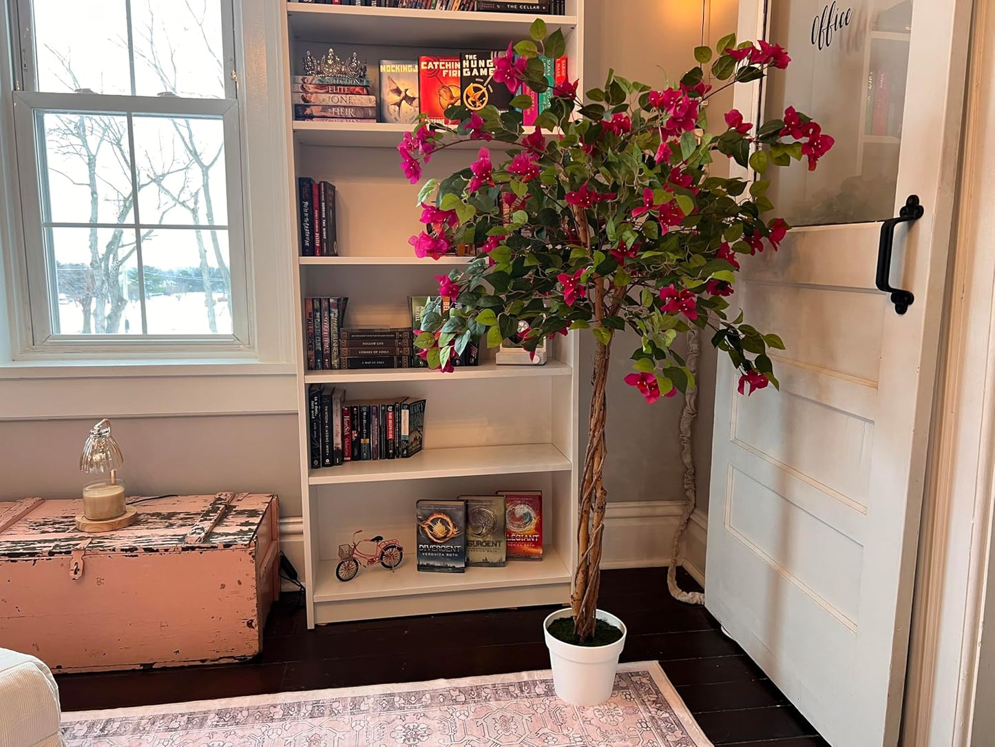 5 ft Artificial Bougainvillea Tree, Tall Potted Artificial Plants Indoor, Faux Tree with Wood Trunk and Pink Flowers for Outdoor