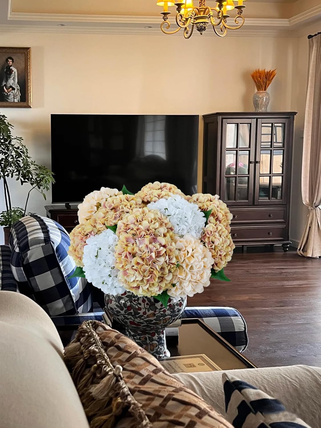5 Pcs Dark Blue Silk Hydrangeas Artificial Flower Boho Dried Touch 20'' Faux Hydrangeas for Fall Indoor Home Decor Kitchen Living Room Outdoor Porch Wedding Flower Arrangement