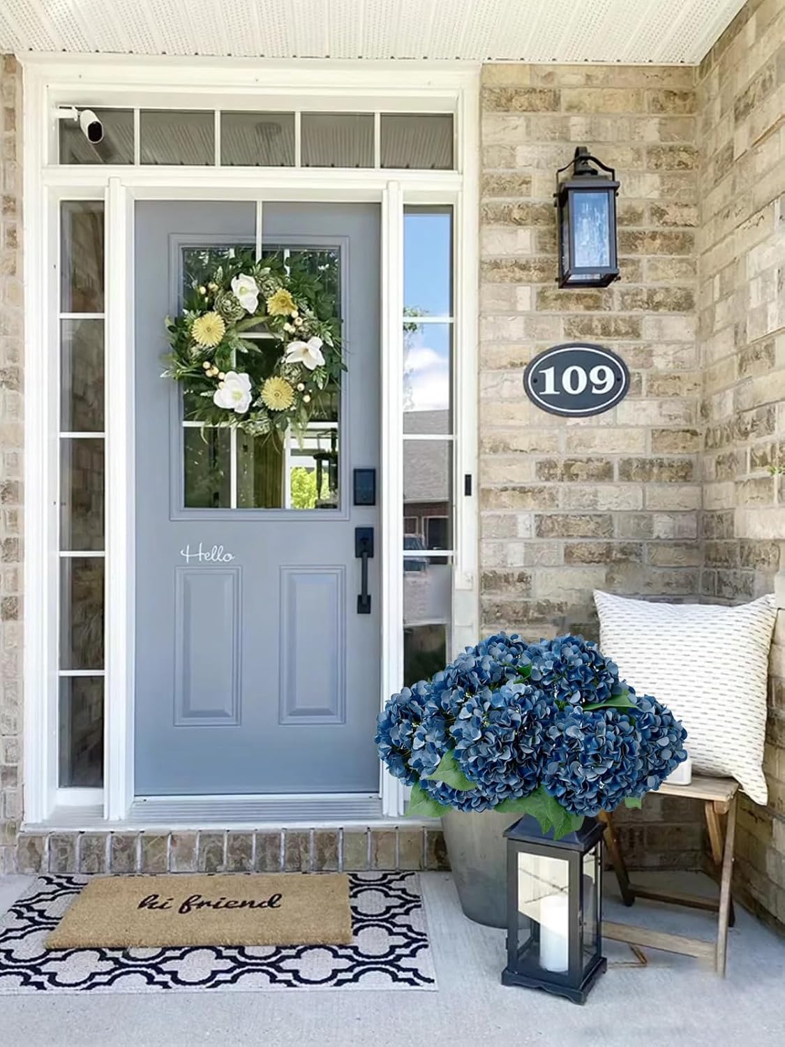 5 Pcs Dark Blue Silk Hydrangeas Artificial Flower Boho Dried Touch 20'' Faux Hydrangeas for Fall Indoor Home Decor Kitchen Living Room Outdoor Porch Wedding Flower Arrangement