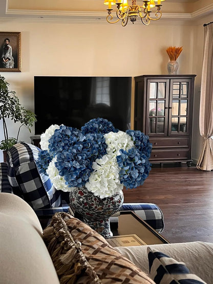5 Pcs Dark Blue Silk Hydrangeas Artificial Flower Boho Dried Touch 20'' Faux Hydrangeas for Fall Indoor Home Decor Kitchen Living Room Outdoor Porch Wedding Flower Arrangement
