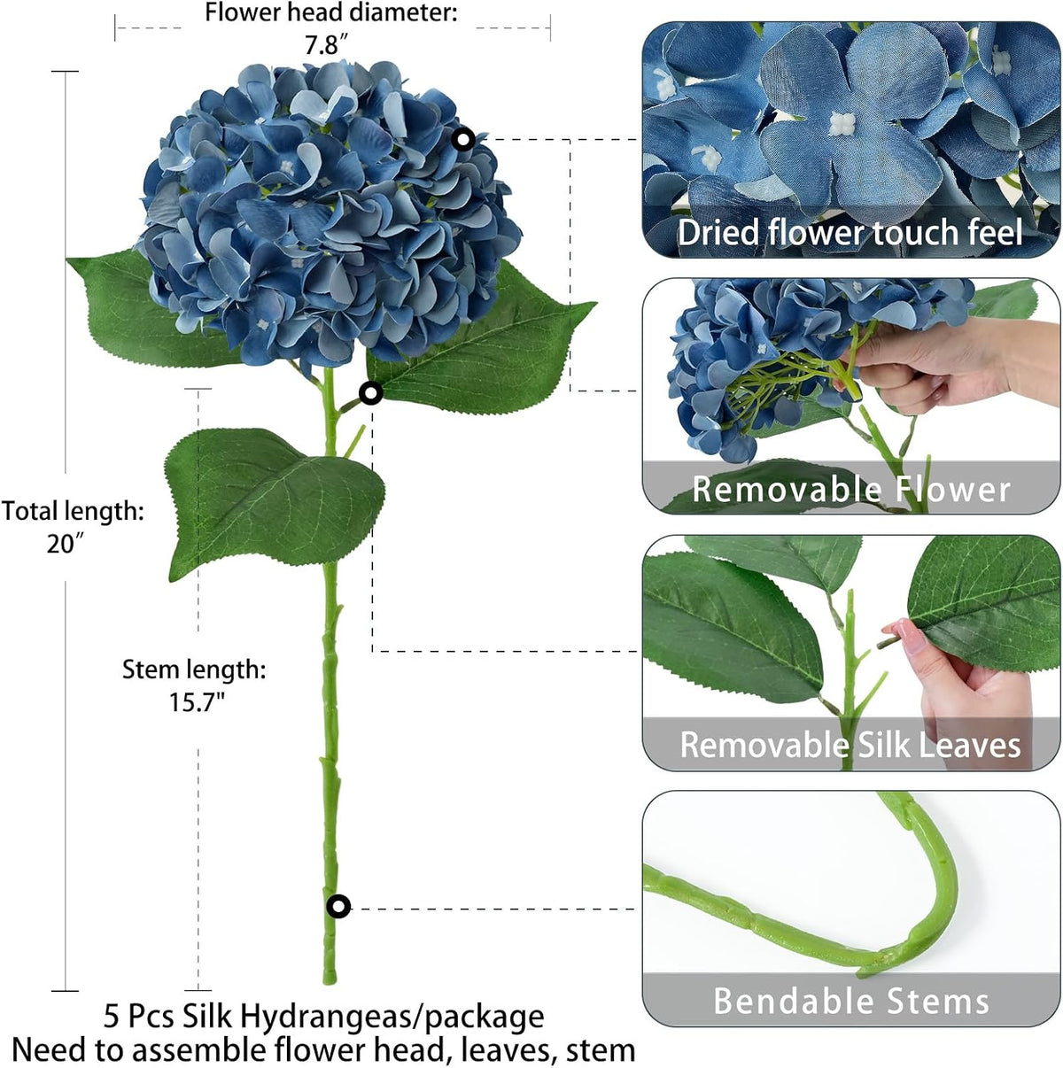 5 Pcs Dark Blue Silk Hydrangeas Artificial Flower Boho Dried Touch 20'' Faux Hydrangeas for Fall Indoor Home Decor Kitchen Living Room Outdoor Porch Wedding Flower Arrangement