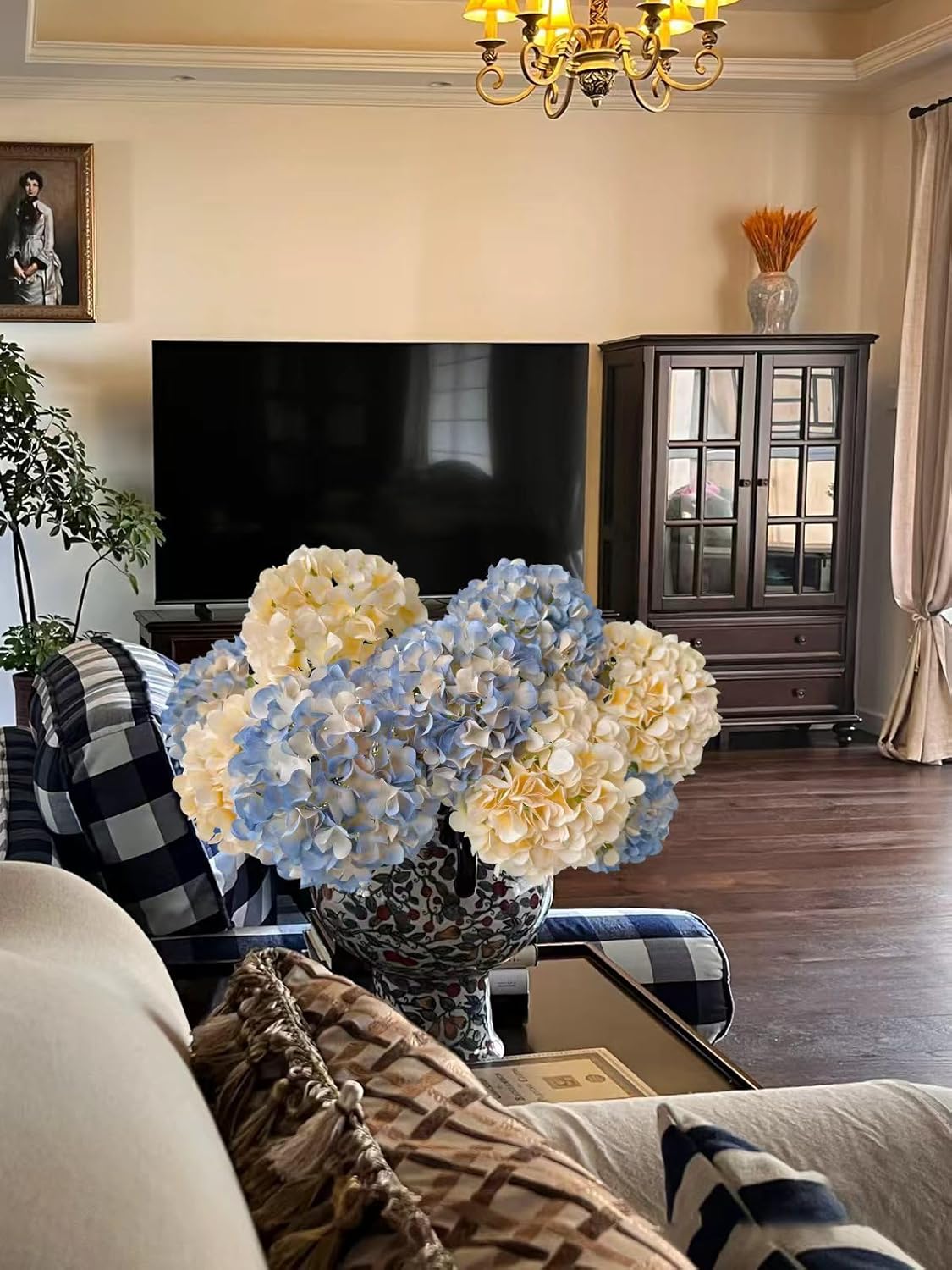 5 Pcs Dark Blue Silk Hydrangeas Artificial Flower Boho Dried Touch 20'' Faux Hydrangeas for Fall Indoor Home Decor Kitchen Living Room Outdoor Porch Wedding Flower Arrangement