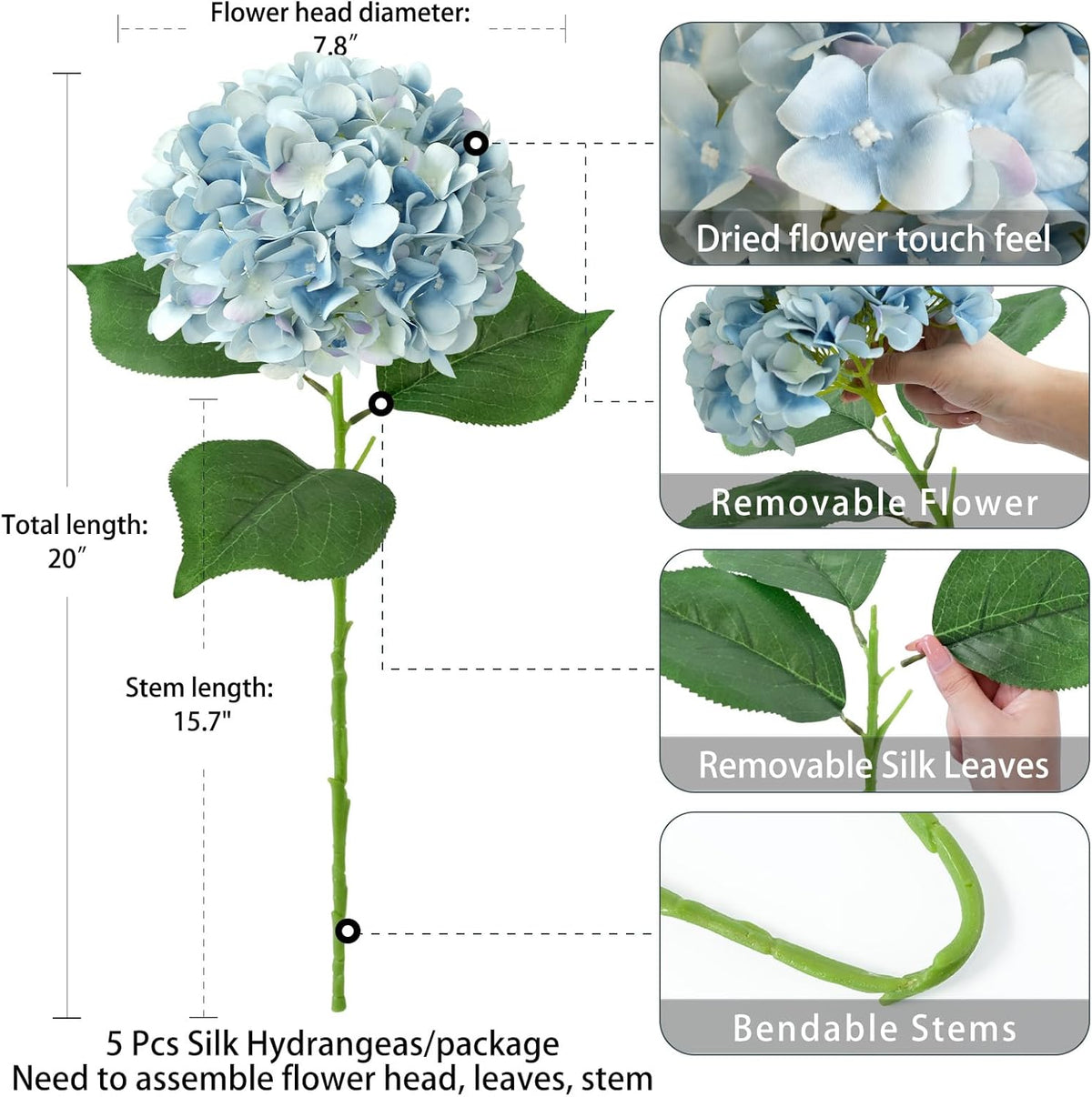 5 Pcs Dark Blue Silk Hydrangeas Artificial Flower Boho Dried Touch 20'' Faux Hydrangeas for Fall Indoor Home Decor Kitchen Living Room Outdoor Porch Wedding Flower Arrangement