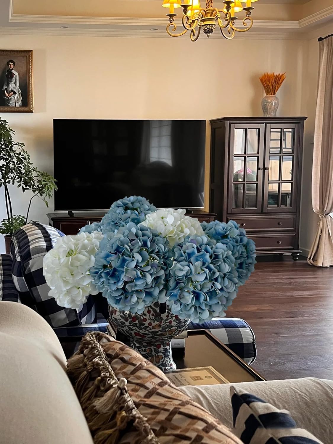 5 Pcs Dark Blue Silk Hydrangeas Artificial Flower Boho Dried Touch 20'' Faux Hydrangeas for Fall Indoor Home Decor Kitchen Living Room Outdoor Porch Wedding Flower Arrangement