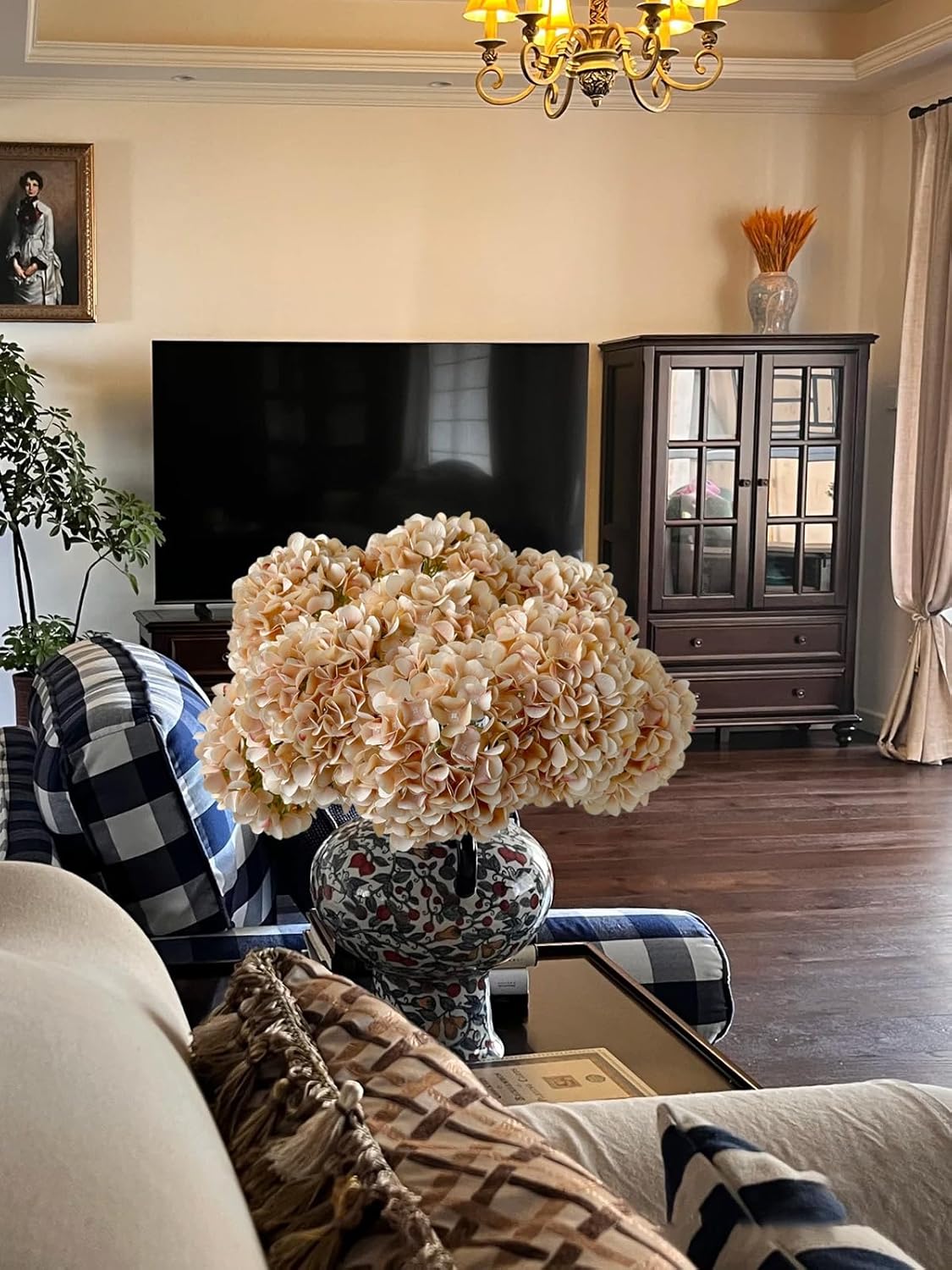 5 Pcs Dark Blue Silk Hydrangeas Artificial Flower Boho Dried Touch 20'' Faux Hydrangeas for Fall Indoor Home Decor Kitchen Living Room Outdoor Porch Wedding Flower Arrangement