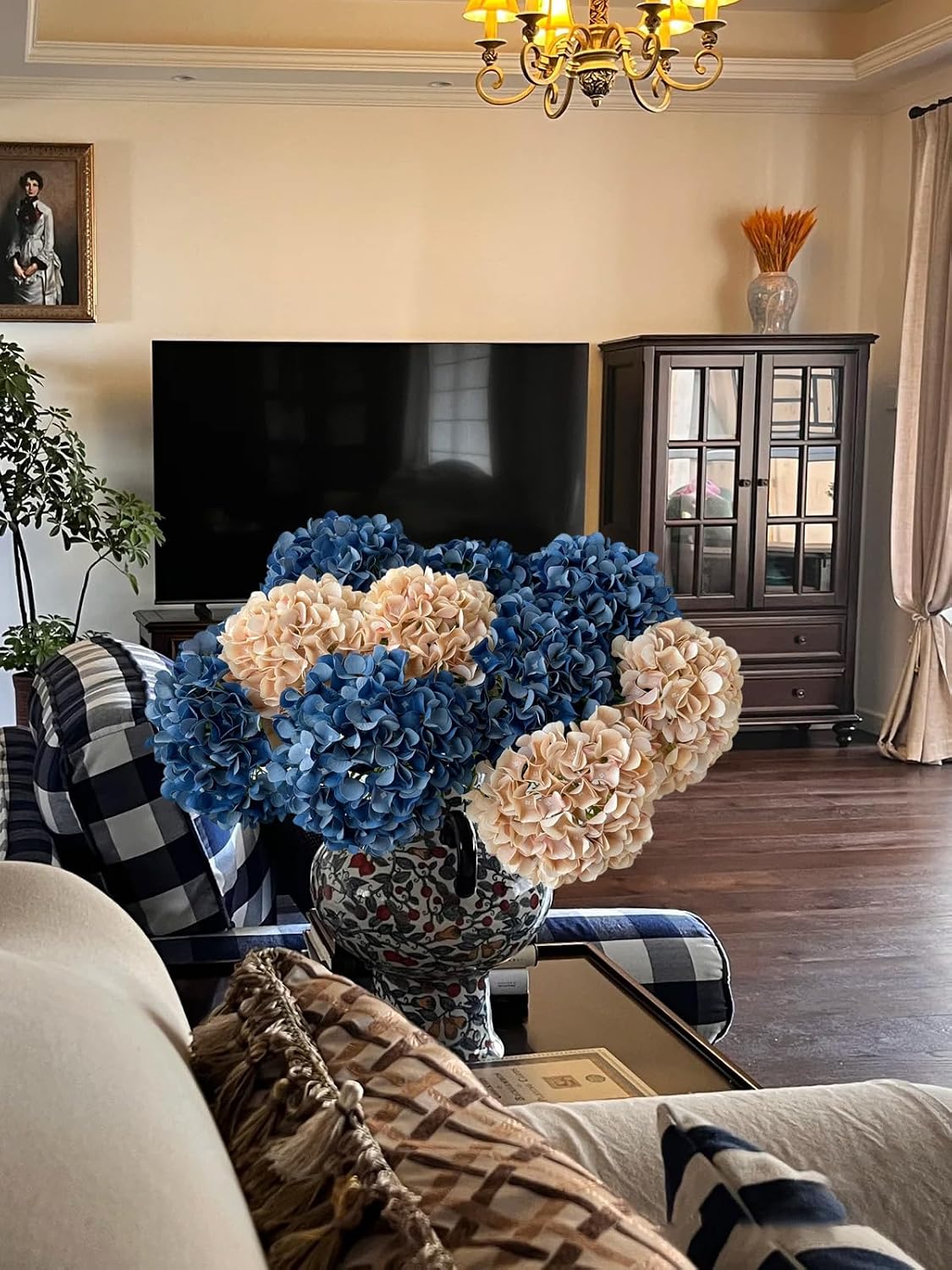 5 Pcs Dark Blue Silk Hydrangeas Artificial Flower Boho Dried Touch 20'' Faux Hydrangeas for Fall Indoor Home Decor Kitchen Living Room Outdoor Porch Wedding Flower Arrangement