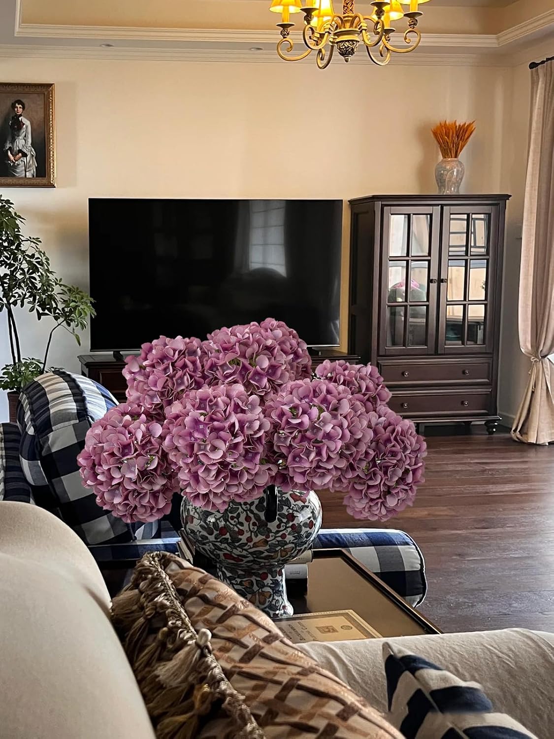 5 Pcs Dark Blue Silk Hydrangeas Artificial Flower Boho Dried Touch 20'' Faux Hydrangeas for Fall Indoor Home Decor Kitchen Living Room Outdoor Porch Wedding Flower Arrangement
