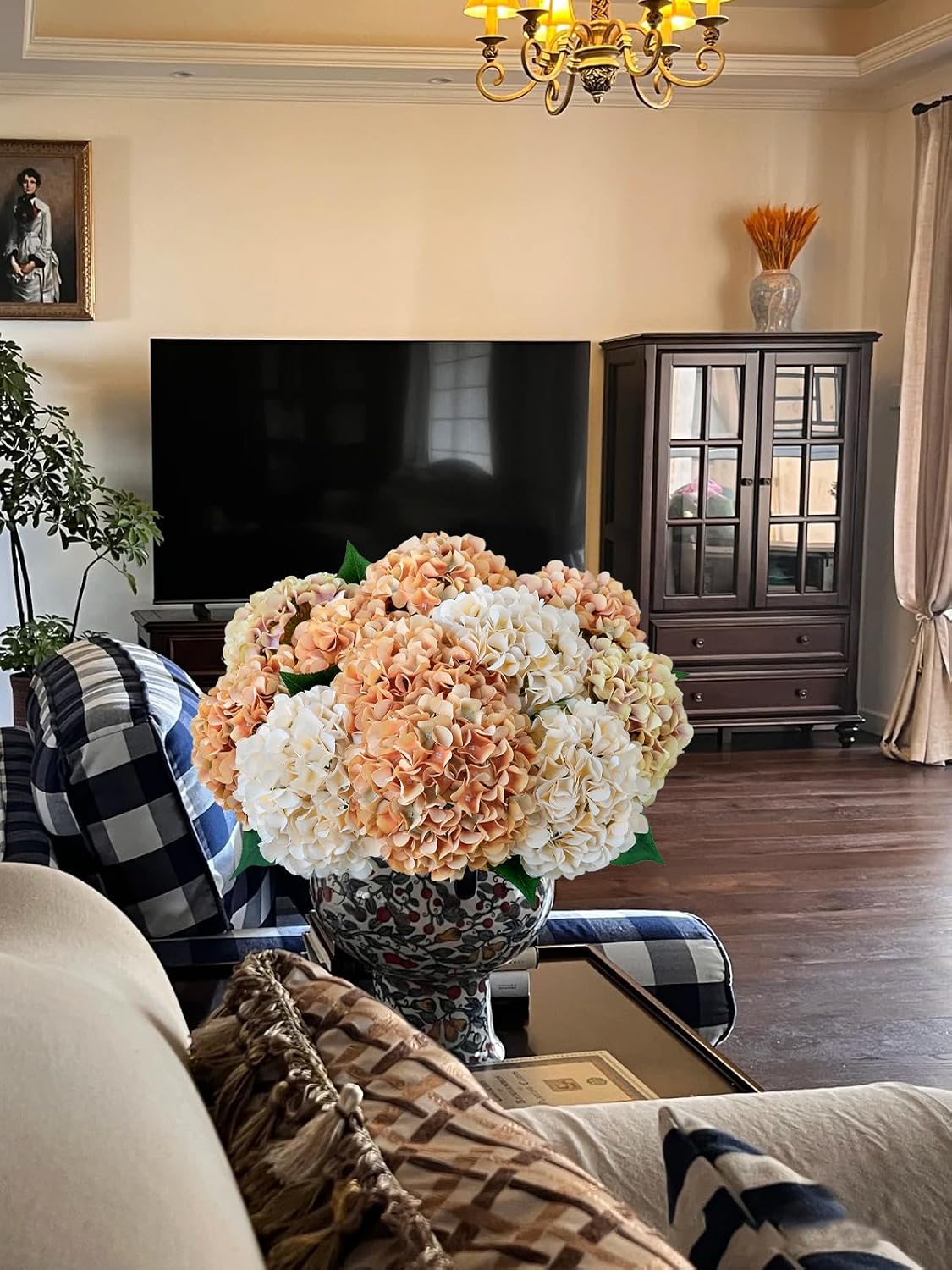 5 Pcs Dark Blue Silk Hydrangeas Artificial Flower Boho Dried Touch 20'' Faux Hydrangeas for Fall Indoor Home Decor Kitchen Living Room Outdoor Porch Wedding Flower Arrangement