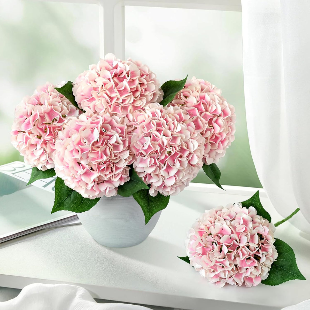 5 Pcs Dark Blue Silk Hydrangeas Artificial Flower Boho Dried Touch 20'' Faux Hydrangeas for Fall Indoor Home Decor Kitchen Living Room Outdoor Porch Wedding Flower Arrangement