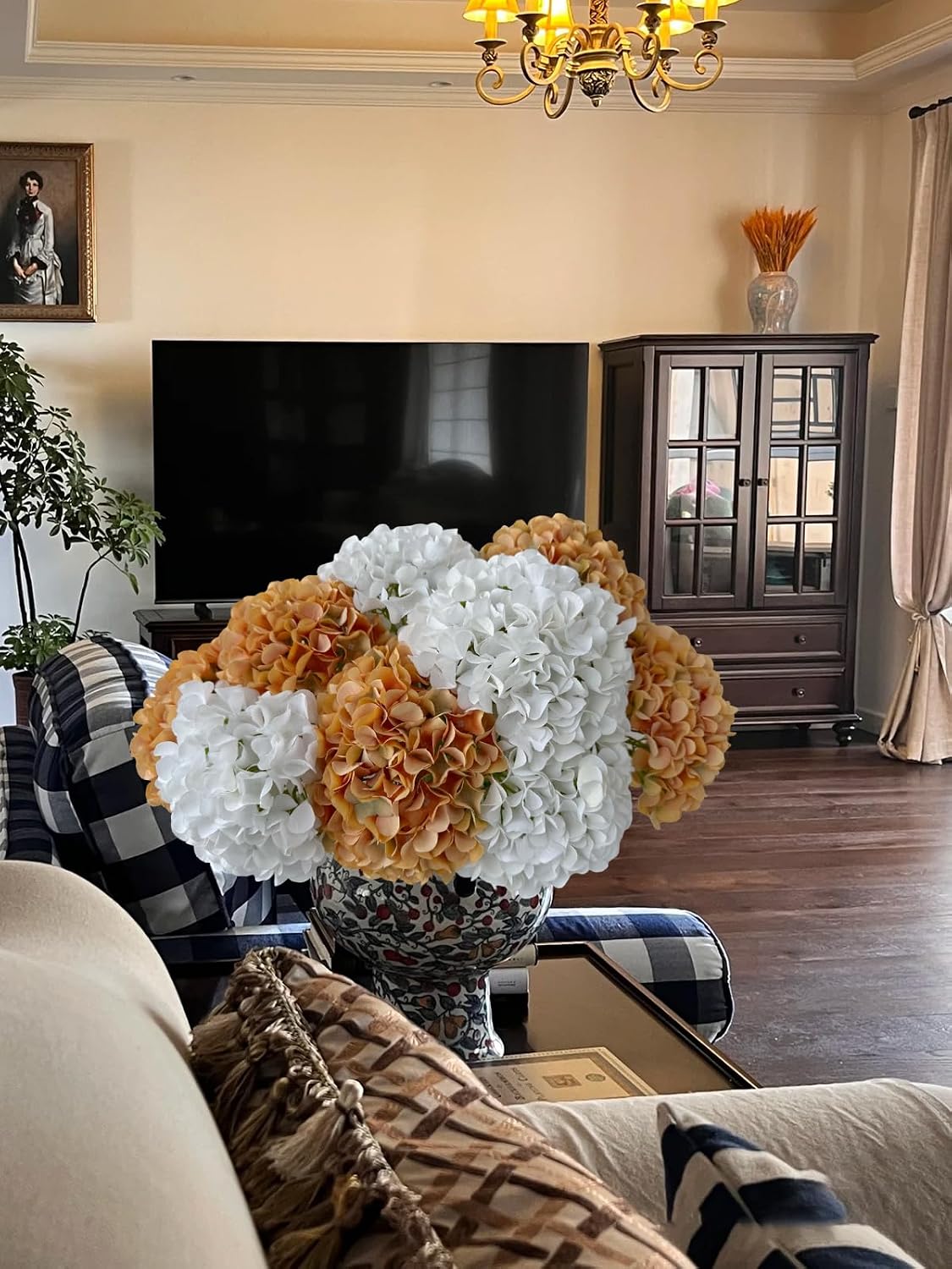 5 Pcs Dark Blue Silk Hydrangeas Artificial Flower Boho Dried Touch 20'' Faux Hydrangeas for Fall Indoor Home Decor Kitchen Living Room Outdoor Porch Wedding Flower Arrangement