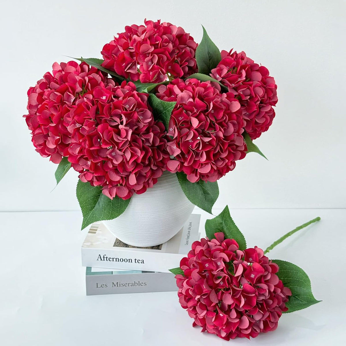 5 Pcs Dark Blue Silk Hydrangeas Artificial Flower Boho Dried Touch 20'' Faux Hydrangeas for Fall Indoor Home Decor Kitchen Living Room Outdoor Porch Wedding Flower Arrangement