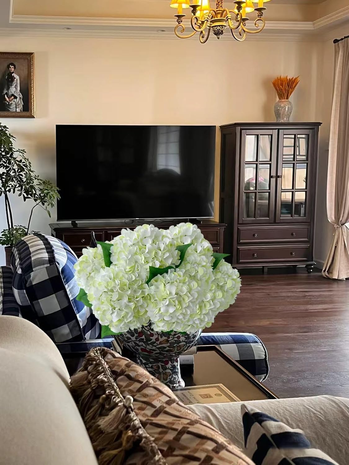 5 Pcs Dark Blue Silk Hydrangeas Artificial Flower Boho Dried Touch 20'' Faux Hydrangeas for Fall Indoor Home Decor Kitchen Living Room Outdoor Porch Wedding Flower Arrangement