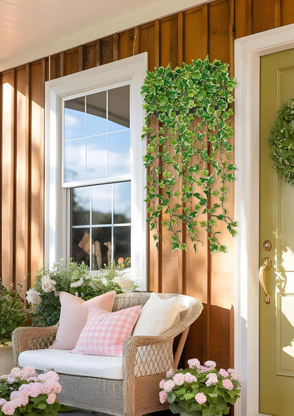 2pcs Artificial Hanging Plants 24" Fake Ivy Vine Faux Ivy Leaves Hanging Plant Greenery for Wall House Room Patio Indoor Outdoor Home Shelf Office Wedding Decor