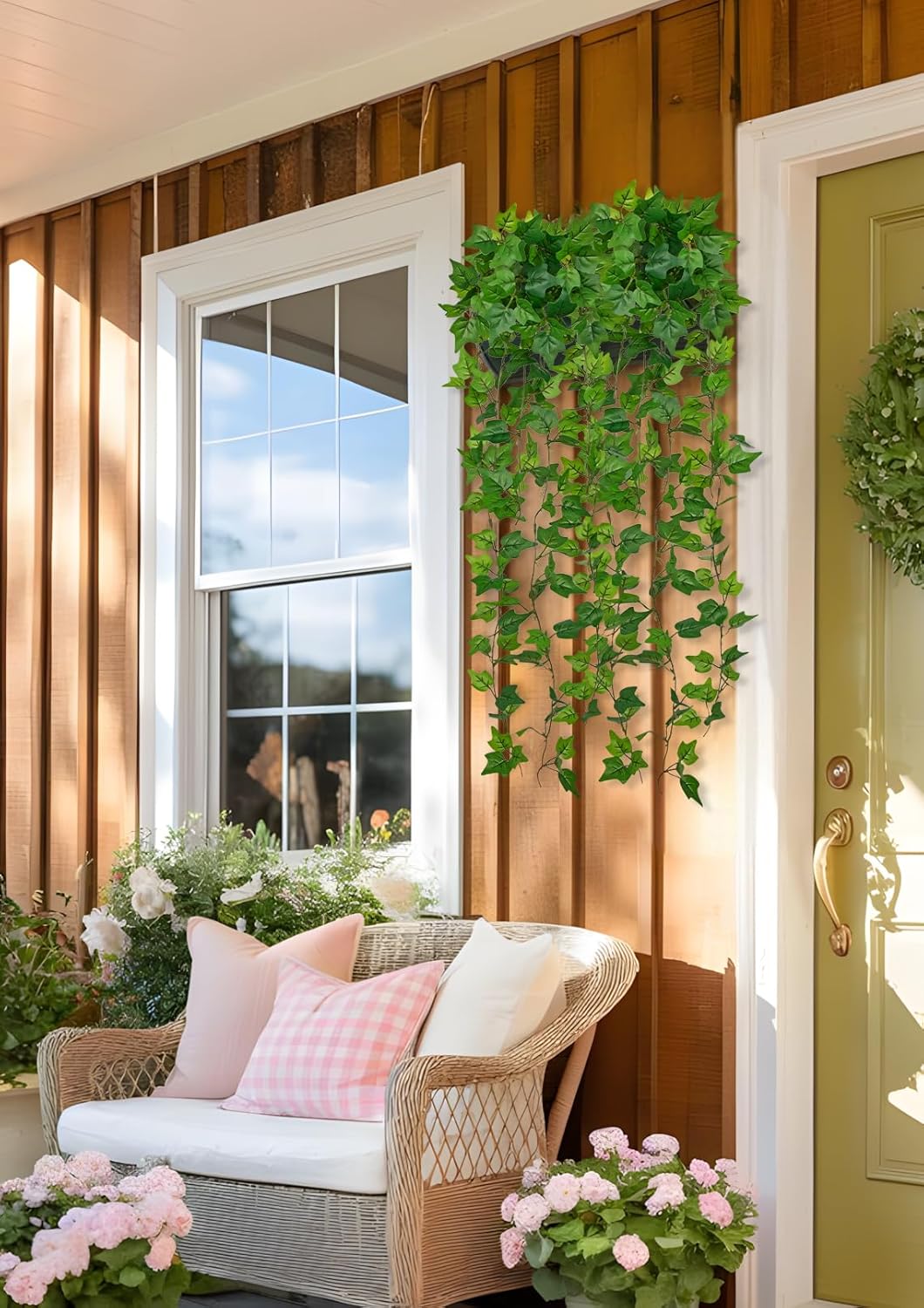 2pcs Artificial Hanging Plants 24" Fake Ivy Vine Faux Ivy Leaves Hanging Plant Greenery for Wall House Room Patio Indoor Outdoor Home Shelf Office Wedding Decor