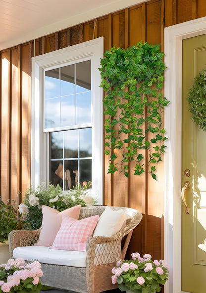 2pcs Artificial Hanging Plants 24" Fake Ivy Vine Faux Ivy Leaves Hanging Plant Greenery for Wall House Room Patio Indoor Outdoor Home Shelf Office Wedding Decor