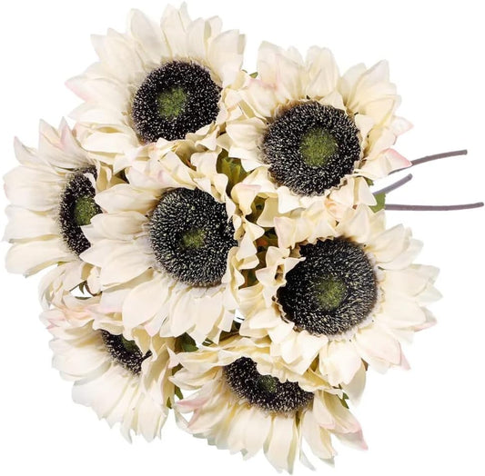 7PCS White Sunflowers Artificial Flowers, Fake Silk Sunflower with Stem Vintage Fall Flower Decorations for Autumn Home Wedding Party Birthday Bulk Single