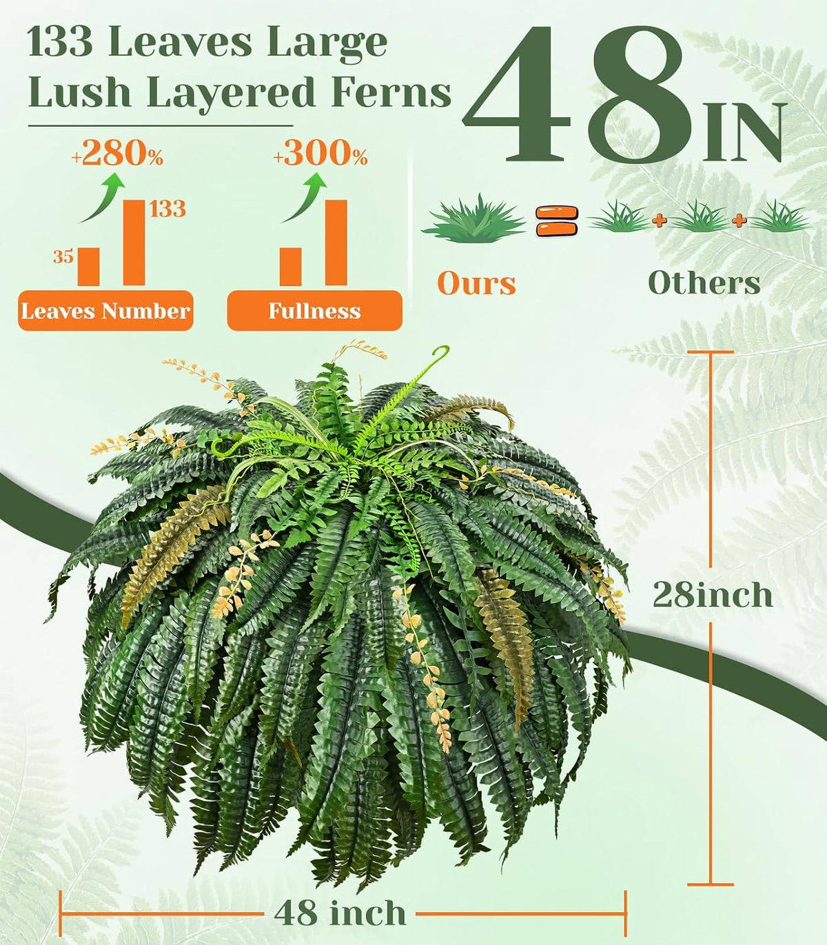 48 inch 128 Leaves Artificial Ferns for Outdoors Look Real Fake Ferns