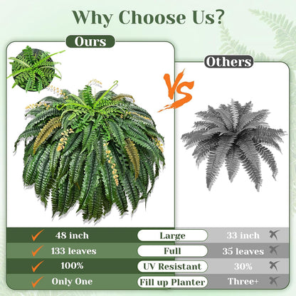 48 inch 128 Leaves Artificial Ferns for Outdoors Look Real Fake Ferns