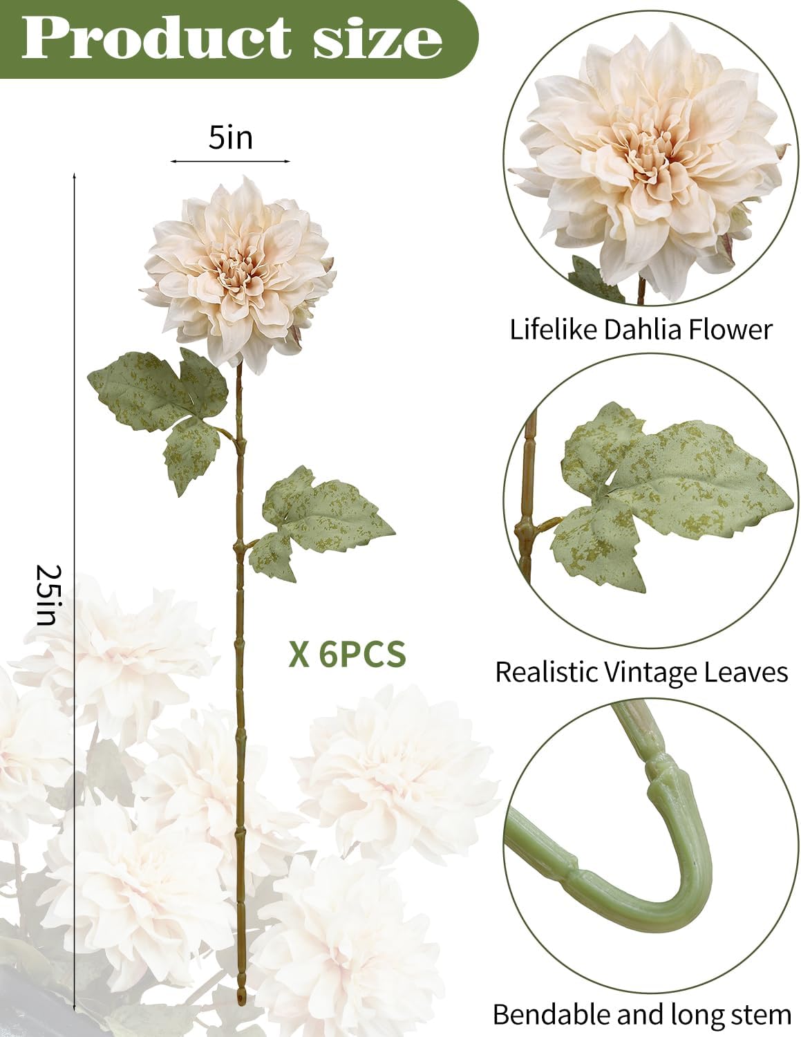 6PCS Artificial Dahlia Flowers,23.5" Long Stems(Light Champagne)