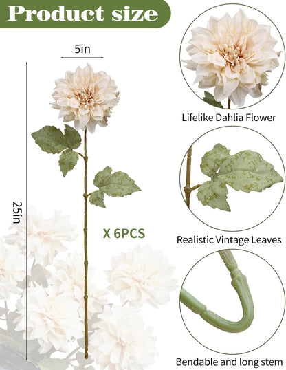 6PCS Artificial Dahlia Flowers,23.5" Long Stems(Light Champagne)