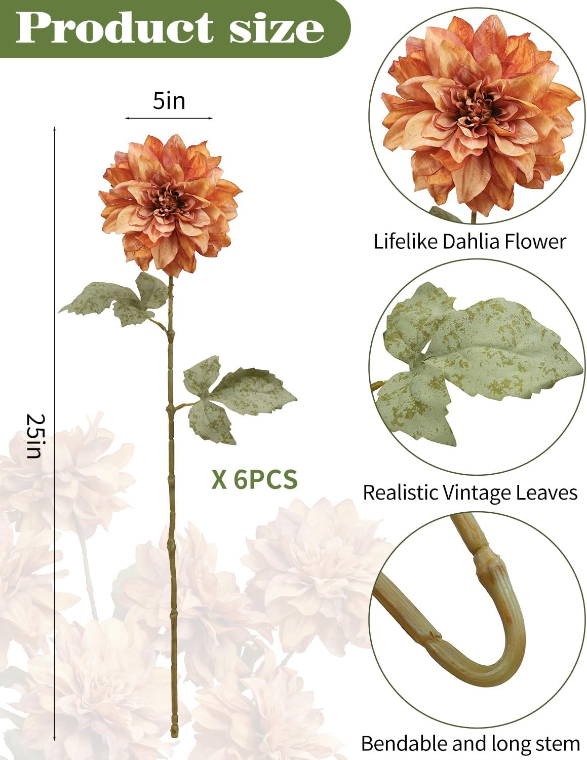 6PCS Artificial Dahlia Flowers,23.5" Long Stems(Light Champagne)