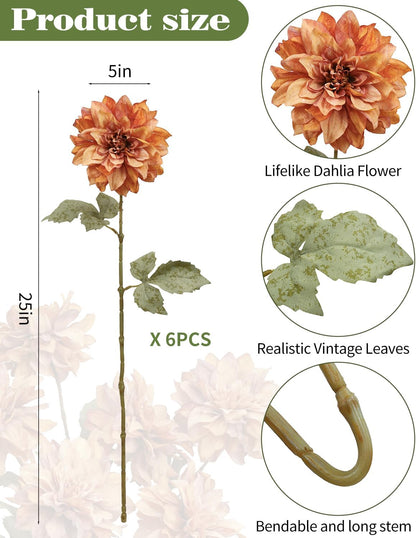 6PCS Artificial Dahlia Flowers,23.5" Long Stems(Light Champagne)