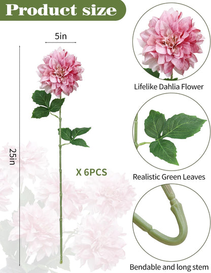 6PCS Artificial Dahlia Flowers,23.5" Long Stems(Light Champagne)