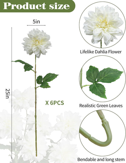 6PCS Artificial Dahlia Flowers,23.5" Long Stems(Light Champagne)