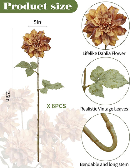 6PCS Artificial Dahlia Flowers,23.5" Long Stems(Light Champagne)
