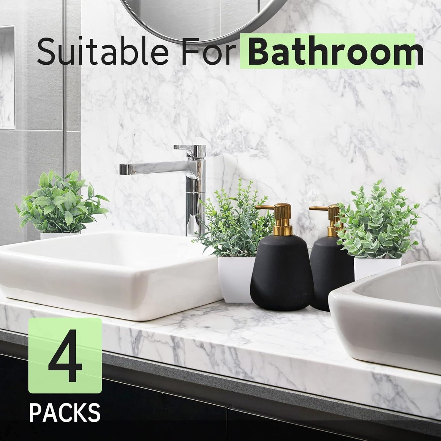 4 Pack Mini Fake Plants, Artificial Plants for Bathroom Home Decor | Frosted eucalyptus look, easy-care artificial greenery, for desk shelf windowsill office tabletop dorm and classroom decor