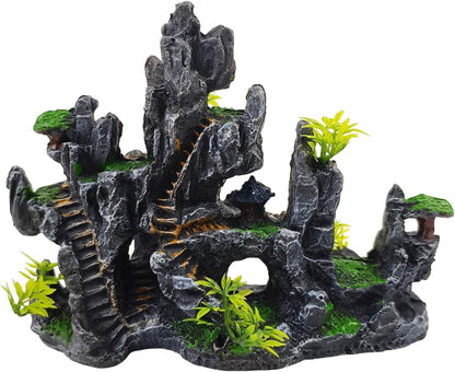 Aquarium Ornaments View Mountain,Fish Tank Decorations Resin Rock Landscape Artificial Stone Aquarium Decor with Plant Cave for Small Fish Shrimp