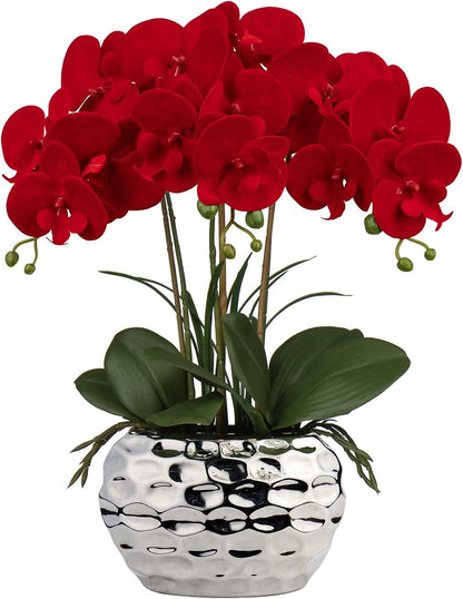 Red Orchid Artificial Flowers 18" Large Silk Orchid with Silver Ceramic Pots Fake Orchid Arrangement for Home Office Bathroom Living Room Table Decoration