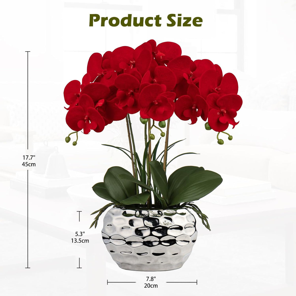 Red Orchid Artificial Flowers 18" Large Silk Orchid with Silver Ceramic Pots Fake Orchid Arrangement for Home Office Bathroom Living Room Table Decoration
