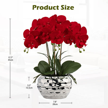 Red Orchid Artificial Flowers 18" Large Silk Orchid with Silver Ceramic Pots Fake Orchid Arrangement for Home Office Bathroom Living Room Table Decoration