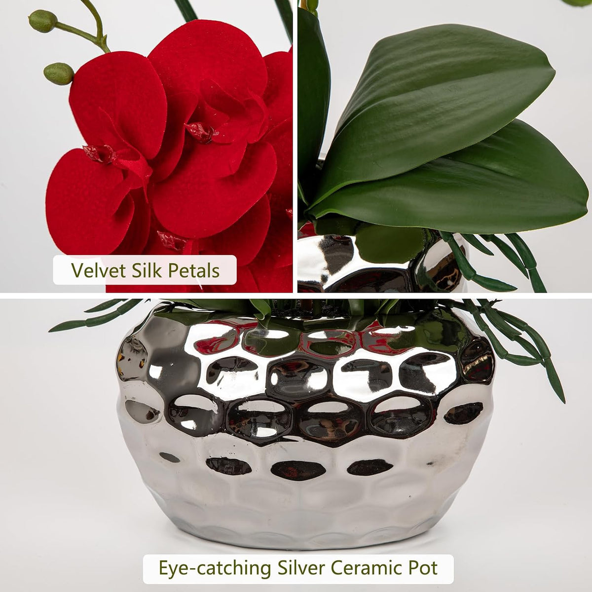 Red Orchid Artificial Flowers 18" Large Silk Orchid with Silver Ceramic Pots Fake Orchid Arrangement for Home Office Bathroom Living Room Table Decoration