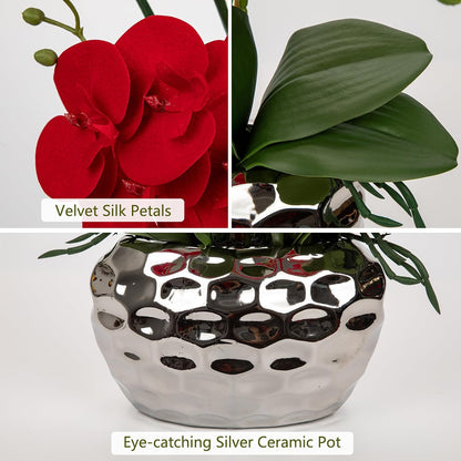 Red Orchid Artificial Flowers 18" Large Silk Orchid with Silver Ceramic Pots Fake Orchid Arrangement for Home Office Bathroom Living Room Table Decoration