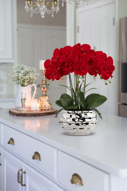 Red Orchid Artificial Flowers 18" Large Silk Orchid with Silver Ceramic Pots Fake Orchid Arrangement for Home Office Bathroom Living Room Table Decoration