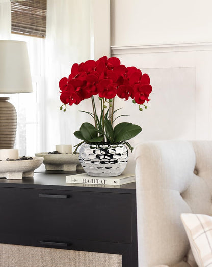 Red Orchid Artificial Flowers 18" Large Silk Orchid with Silver Ceramic Pots Fake Orchid Arrangement for Home Office Bathroom Living Room Table Decoration