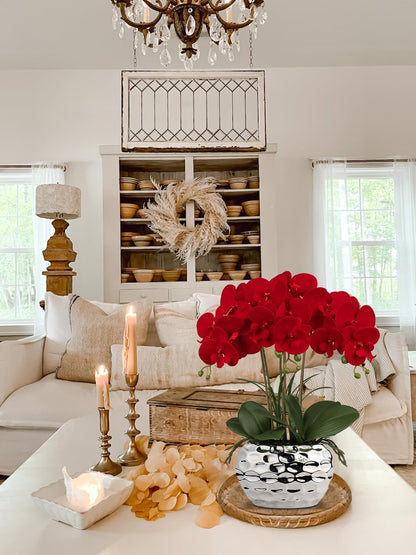 Red Orchid Artificial Flowers 18" Large Silk Orchid with Silver Ceramic Pots Fake Orchid Arrangement for Home Office Bathroom Living Room Table Decoration