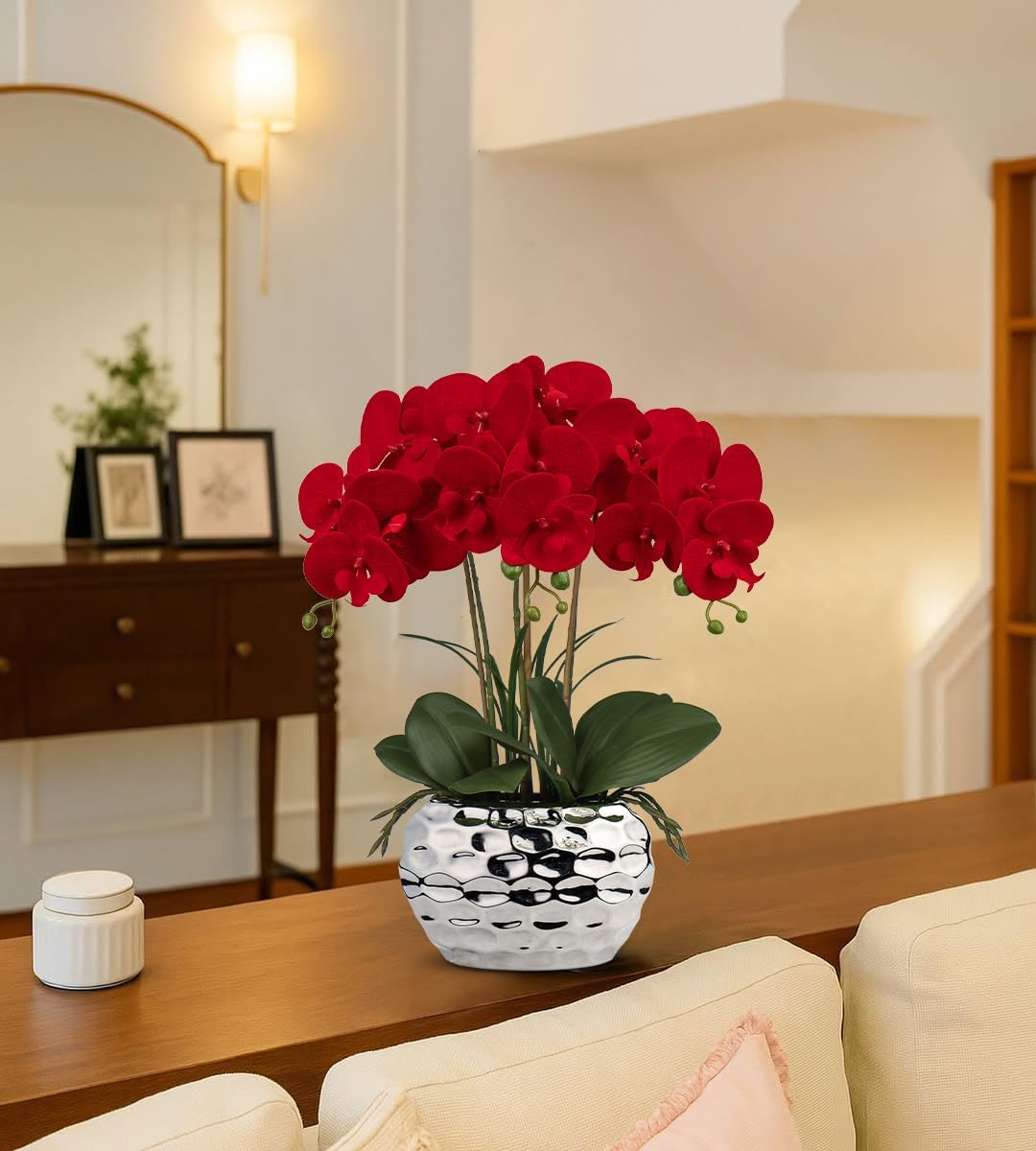 Red Orchid Artificial Flowers 18" Large Silk Orchid with Silver Ceramic Pots Fake Orchid Arrangement for Home Office Bathroom Living Room Table Decoration